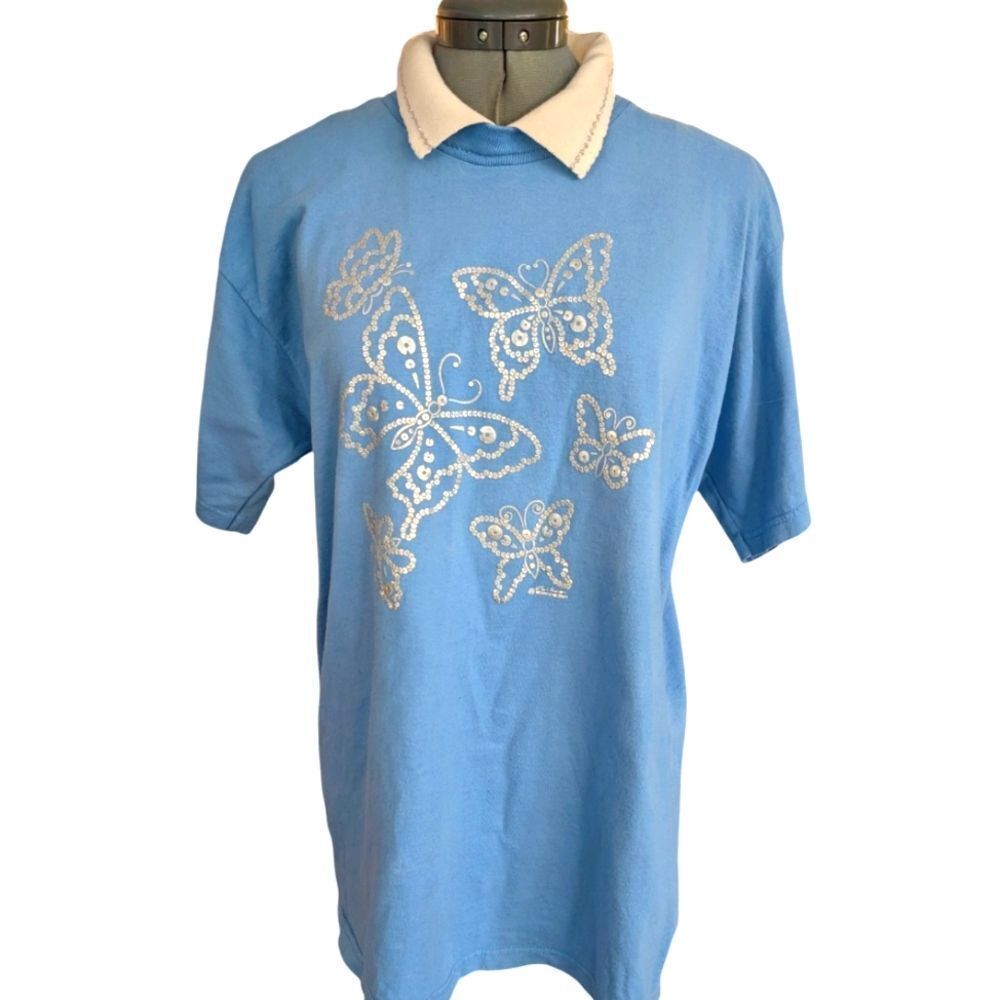 Vintage Women's Blue Cotton & Silver Butterfly Collared‎ Shirt